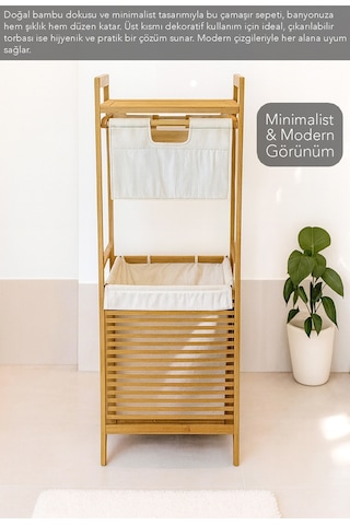 Çekmeceli Bambu Çamaşır Sepeti - Banyo Düzenleyici Organizer Raflı Natural Kirli Çamaşır Sepeti Bej