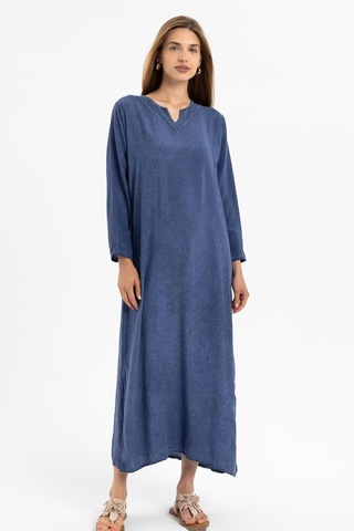 Mavi İşlemeli Uzun Kollu Astarsız Pamuklu Uzun Elbise-mavi