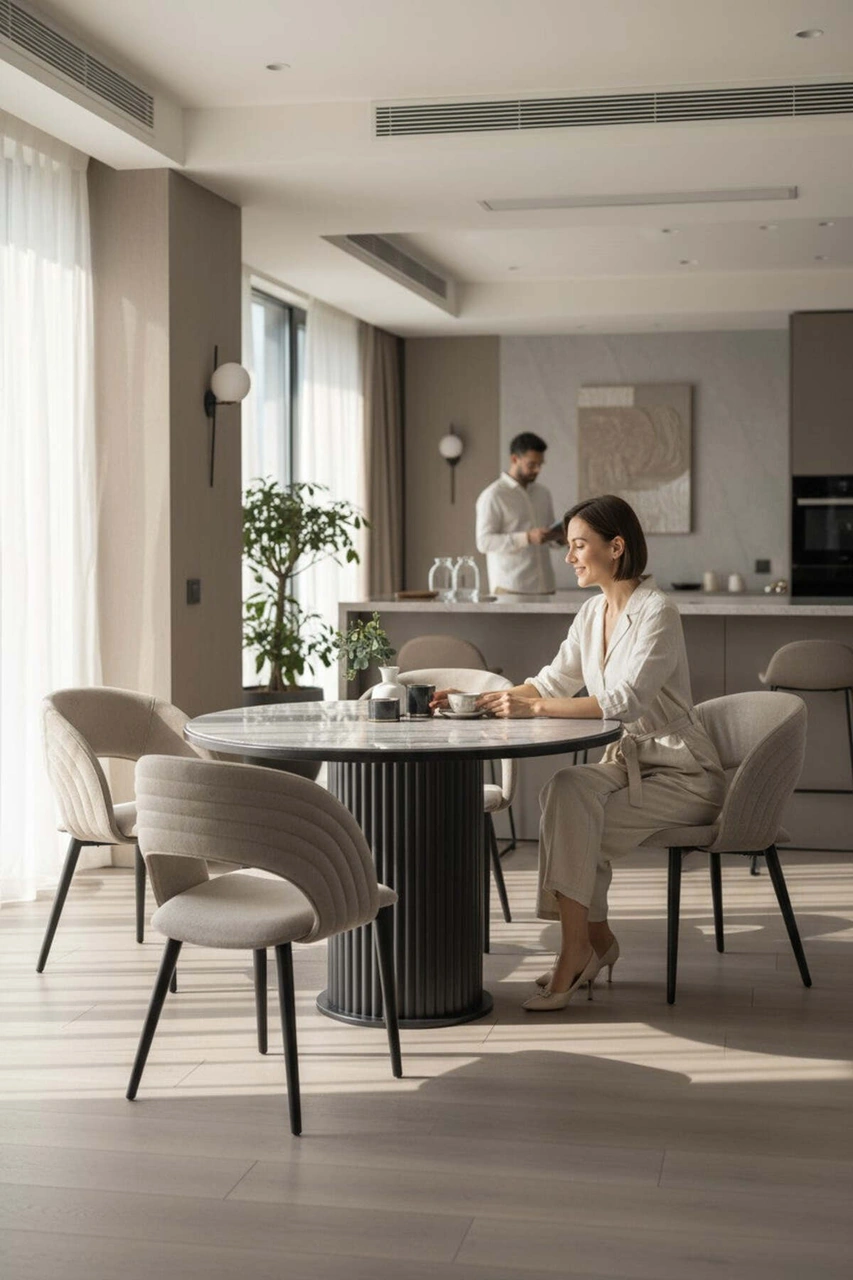 Dengema İstanbul 88 Yuvarlak Masa Takımı Gri Mermer Siyah Ayak, 4 Kapuçino Sandalyeli, Ø120 Cm Gri Mermer - Siyah Ayak