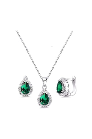 Brezza Lusso Jewelry Damla Model Zümrüt Yeşili Zirkon Taşlı Gümüş Kadın Kolye Küpe Set