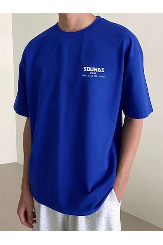Erkek Sax Mavi Oversize Sea Son Baskılı Örme T-shirt Sax Mavi