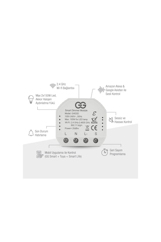 Günsan Akıllı Wifi Nötrlü Dimmer Röle 150w Işık Ayarlı Anahtar Modülü Tuya & Smart Life Uyumlu