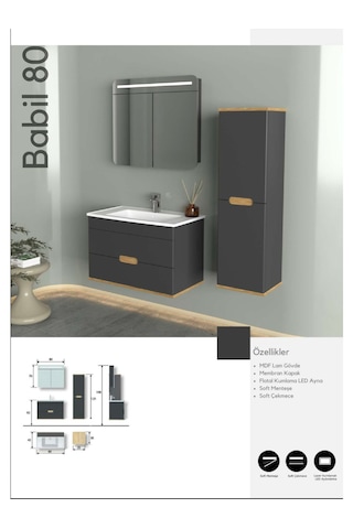 Evros Babil Banyo Dolabı 80 Cm Siyah Boy Dolabı Dahil Gri - Siyah