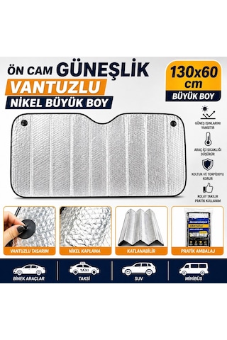 Oto Ön Cam Güneşlik 130x60 Cm Vantuzlu Nikel Araç Güneşliği