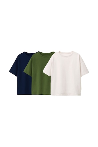 Zuzunga Besic 3'lü Unisex Çocuk T-shirt Beyaz - Haki - Lacivert Çok Renkli