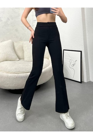 Kadın Yüksek Bel İspanyol Paça Krep Kumaş Pantolon Slim Fit Şık Pantolon Siyah