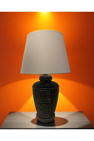 Gümüş Renk Eskitme El Yapımı Sümer Dekoratif Abajur - Beyaz Beyaz