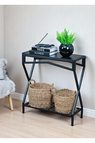 Metal Dresuar Siyah Ahşap Raflı Stand Çok Amaçlı Salon & Hol Rafı Siyah