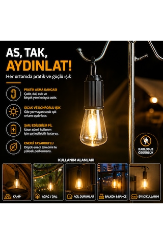 Şarj Edilebilir Led Kamp Lambası 3 Kademeli Sıcak Işık Asma Kancalı Taşınabilir Çadır Ve Acil Durum Lambası