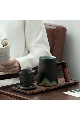 Dağ Tasarım Seramik Çay Filtre İle Seramik Kahve Fincanı Çin Çay Bardağı 400ml Kupalar Altın - Beyaz