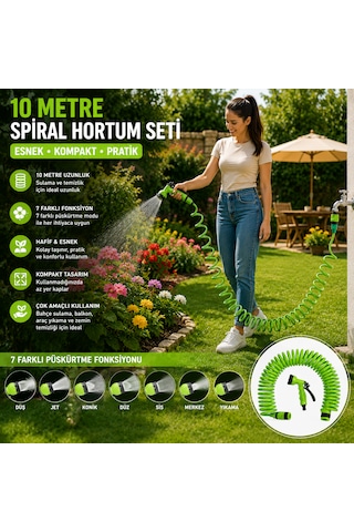 10 Metre Spiral Bahçe Hortumu Seti 7 Fonksiyonlu Püskürtme Tabancalı Sulama Ve Temizlik Seti Yeşil