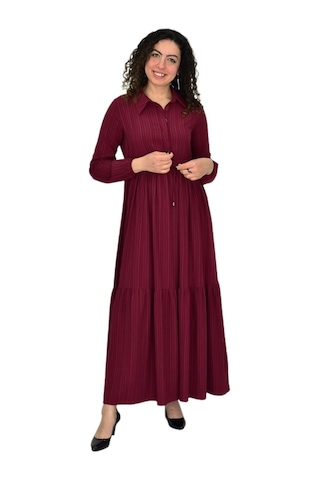 Kadın Uzun Kol Lastikli Kabartma Çizgili Elbise Bgl-st04676 Bordo