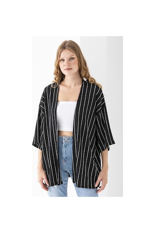 Giysa Kadın Yarım Kol Çizgili Bürümcük Kimono Siyah - 254406 Siyah