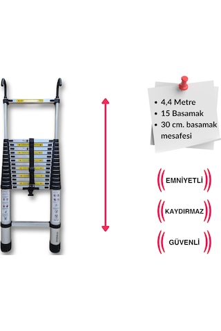 Endokon 440 Cm. - 15 Basamaklı Kancalı Teleskopik Merdiven - I Tipi Uzayan Merdiven
