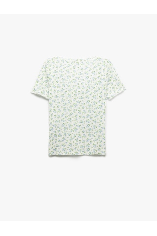 Koton Büzgü Detaylı Kare Yaka Slim Fit Pamuklu Çiçekli Tişört Yeşil Desenli 5sak50013pk Yeşil Desenli