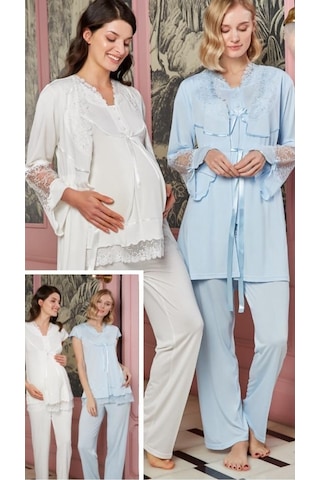 Bone Club 4703 Mavi Hamile Lohusa 3 Lü Pijama Sabahlık Takımı