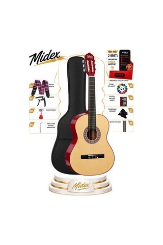 Midex Cg-36nt Kaliteli 36 İnç 3/4 Juniur Çocuk Gitarı 8-12 Yaş Arası Çanta Askı Capo Nota Sticker Pena Metod