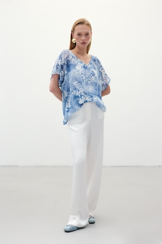 Sateen Nakışlı Kısa Kol Bluz - İndigo-136300 Indigo