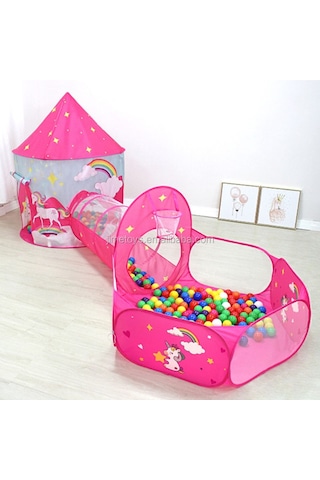 Unicorn Çocuk Oyun Çadırı, 3'ü Bir Arada, Top Havuzu, Oyun Çadırı, Oyun Tüneli - Top Havuzlu Çadır Açık Pembe