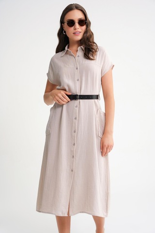 4453 Kadın Keten Cepli Midi Kemerli Elbise Taş Taş