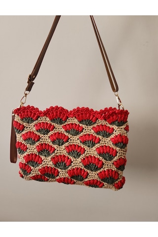 Fikriharika Design Karanfil Desenli, Suni Deri Astarlı, Rafya Clutch Çanta Bej - Çok Renkli