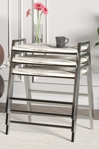 Zigon Sehpa , Aden 3'lü Tepsi Zigon Sehpa Takımı Gümüş Metal - Beyaz Mermer Tabla Gümüş-beyaz Mermer