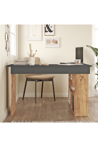 Yurudesign Tywin Kitaplık Raflı Çalışma Masası Çam-Antrasit