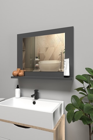 Raflı Banyo Aynası, Lavabo Ve Wc Aynası, Dresuar , Koridor , Mutfak , Makyaj Modern Duvar Tipi Ayna Antrasit Gri