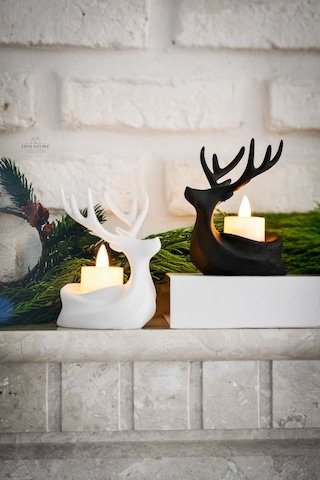 2 Adet Dekoratif Yılbaşı Süs Beyaz Siyah Tea Light Geyik Seti Beyaz - Siyah