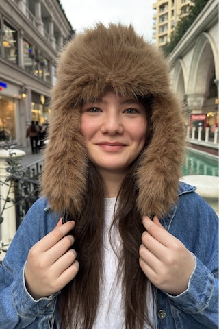 Mollycrush Camelpelüş Kürklü Genç Pilot Şapkası - Yumuşak Tüylü Kulaklı Ushanka Kahverengi