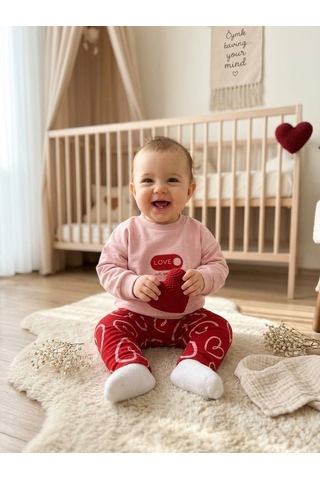 Bambık Pamuklu Kalp Desenli Kız Bebek Sweatshirt Pantolon Takımı Pembe
