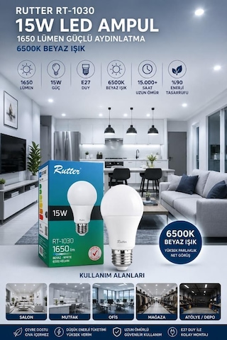 Rutter Rt-1030 E27 15w Led Ampul 6500k Beyaz Işık Yüksek Lümen Güçlü Aydınlatma Uzun Ömürlü Yüksek Verimli Lamba