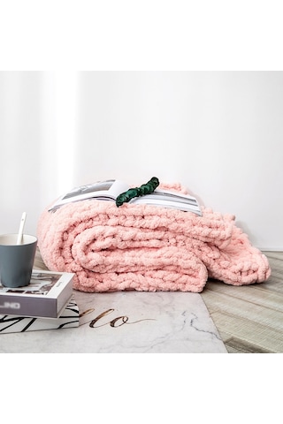 Sones El Yapımı Kalın Yün Örgü Battaniye Kanepe Şönil Çubuk Örgü Battaniye, Boyut: 80 X 100 Cm Pembe