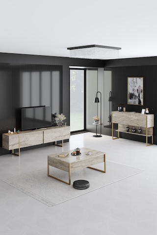 Luxe Gold Demir Ayaklı Traverten Orta Sehpa Traverten - Gold