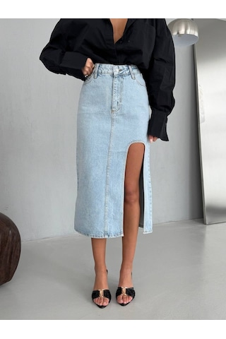 Yırtmaç Detaylı Denim Midi Etek ÇoK Renkli