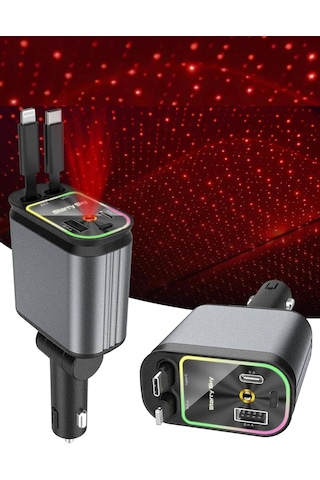 Acl Acc-01 Rgb Işıklı 66w Araç Şarj Cihazı 4in1 Geri Çekilebilir Kablo Type-c + Lightning Yıldızlı Tavan