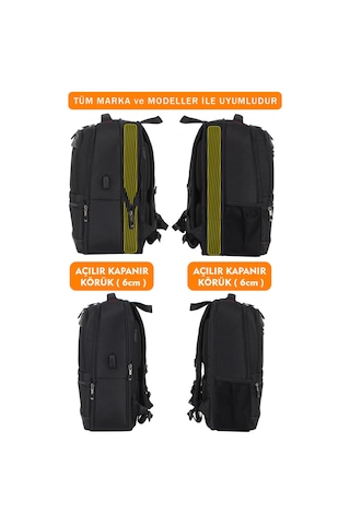 14"-15,6" İnç Körüklü Siyah Laptop Sırt Çantası Unisex Su Geçirmez Kumaş Siyah