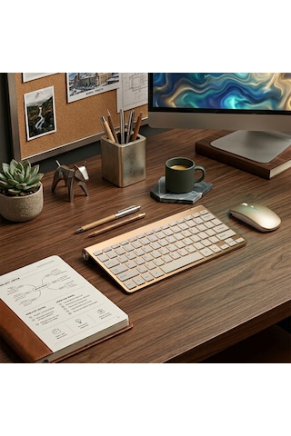 Premium Gold Klavye Mouse Seti - Sessiz Kablosuz Mini - Altın Serisi Optik
