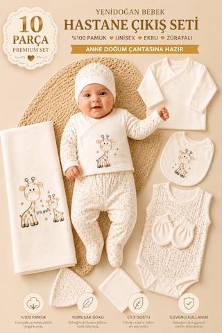 Petino Premium 10 Parça Yenidoğan Unisex Hastane Çıkış Seti %100 Pamuk Ekru Zürafalı Battaniyeli Bebek Seti kahverengi