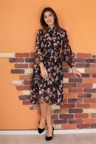 Neşeli Butik Kadın Siyah Kemerli Çiçek Desenli Şifon Elbise Ry0031 Siyah