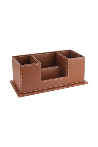 Masaüstü Deri Organizer Kalemlik 4 Gözlü Desktop Organizer Rainbow Vegan 10x12x25 Cm. Taba