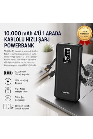 Powerbank 10.000 Mah Hızlı Şarj Destekli, 4'ü 1 Arada Entegre Kablolu Taşınabilir Şarj Cihazı-1713 Siyah