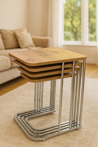 4'lü Tekerlekli Zigon Sehpa Gümüş Ayak Atlantik Çam 18mm Tabla