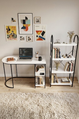 Reyo Falez Çalışma Masası Ve Kitaplık Seti Metal Ayaklı,minimalist Tasarım,geniş Masa Alanı,çok Raflı Beyaz