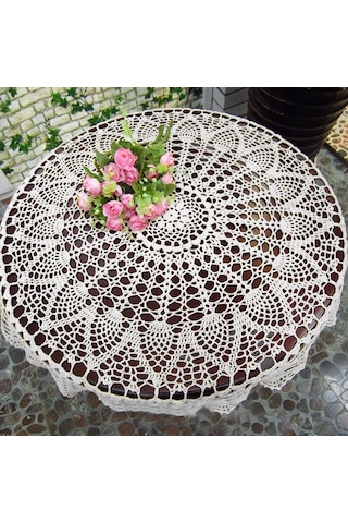 Ximistore9 El Yapımı Pamuklu Ayçiçeği Desenli Yuvarlak Dantel Masa Örtüsü, 65-70 Cm Beyaz