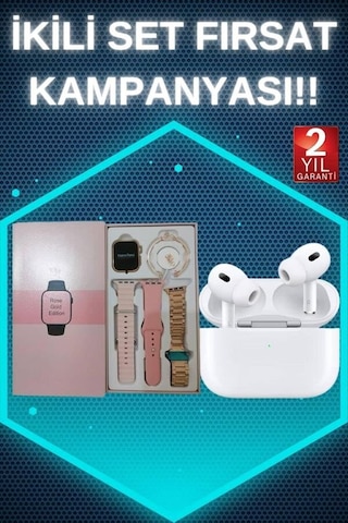 3 Kordonlu Pembe Amoled Ekran Akıllı Saat Ve Yeni Nesil Pro Kablosuz Bluetooth Kulaklık Anc/enc Standart