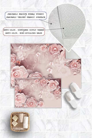 Dijital Baskı Gül Desen Kaymaz Taban 2li Set Banyo Paspası Klozet Takımı 50x60cm-60x100cm Pembe