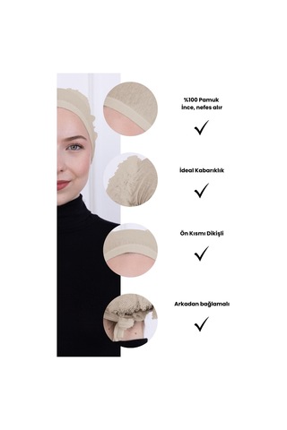 Fırfırlı Önden Dikişli Penye Bone - Kadın Tesettür Bağlamalı Topuz İç Bone-krem Krem