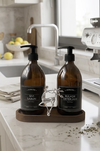 Amber Şişe Sabunluk Cam İkili Sıvı Sabun-bulaşık Deterjanı Mutfak Düzenleyici Lüks Gümüş Geyik Ahşap Stand 500ml