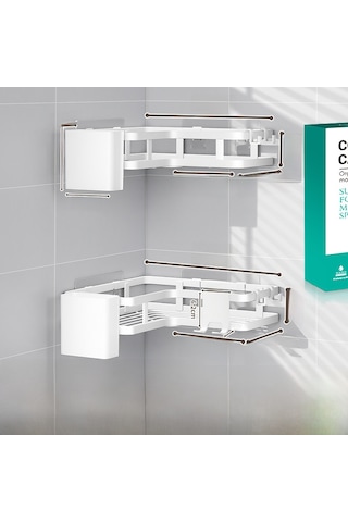 Springsun Duvar Üstü Köşe Depolama Rafı - Duvarı Bozmadan Kurulur - Banyo/mutfak İçin İki Katlı Beyaz Organize Rahatlığı Diğer